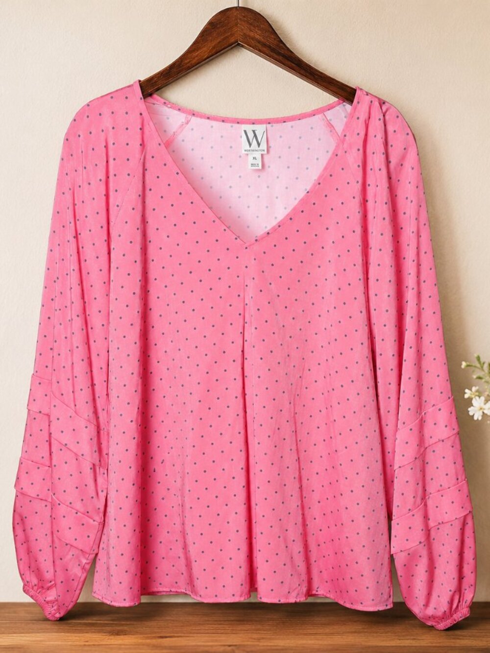 Women's Worthington XL Peach Coral Gray Polka Dots LS Balloon Sleeve Blouse NWT